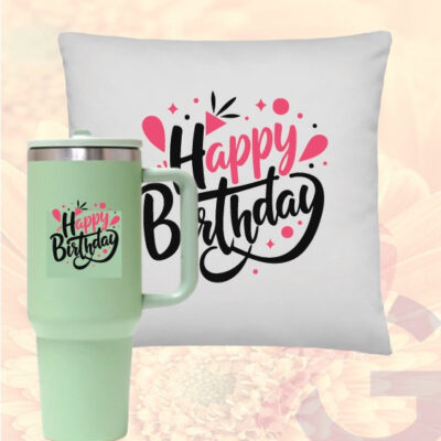 Personalised Happy Birthday Pillow With Travel Mug