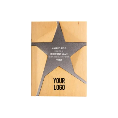 Wooden Trophy With Metal Star Silver