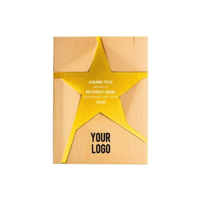 Wooden Trophy With Metal Star Gold
